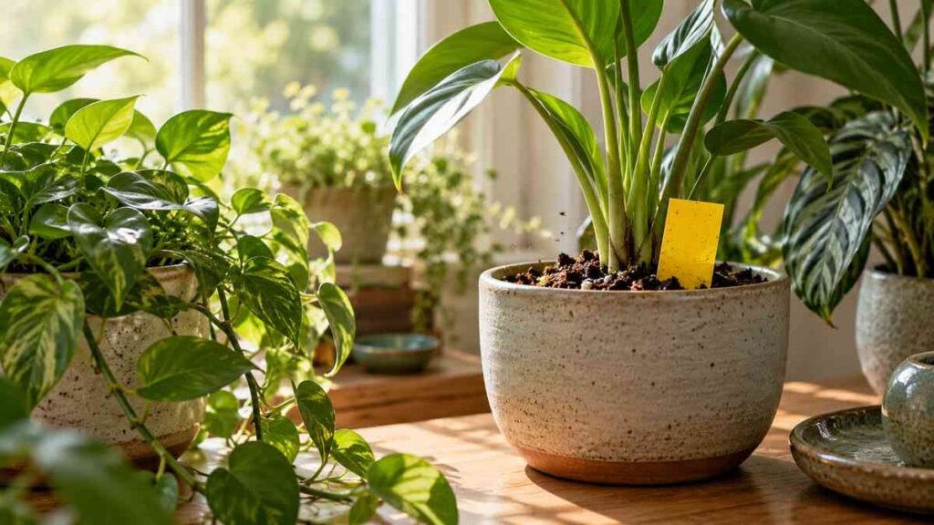 Indoor houseplants with a yellow sticky trap for fungus gnats