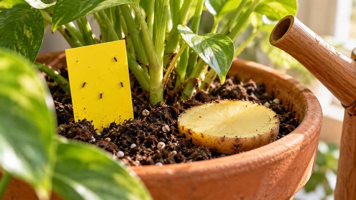 Yellow sticky trap and potato slice monitoring fungus gnats in houseplant soil