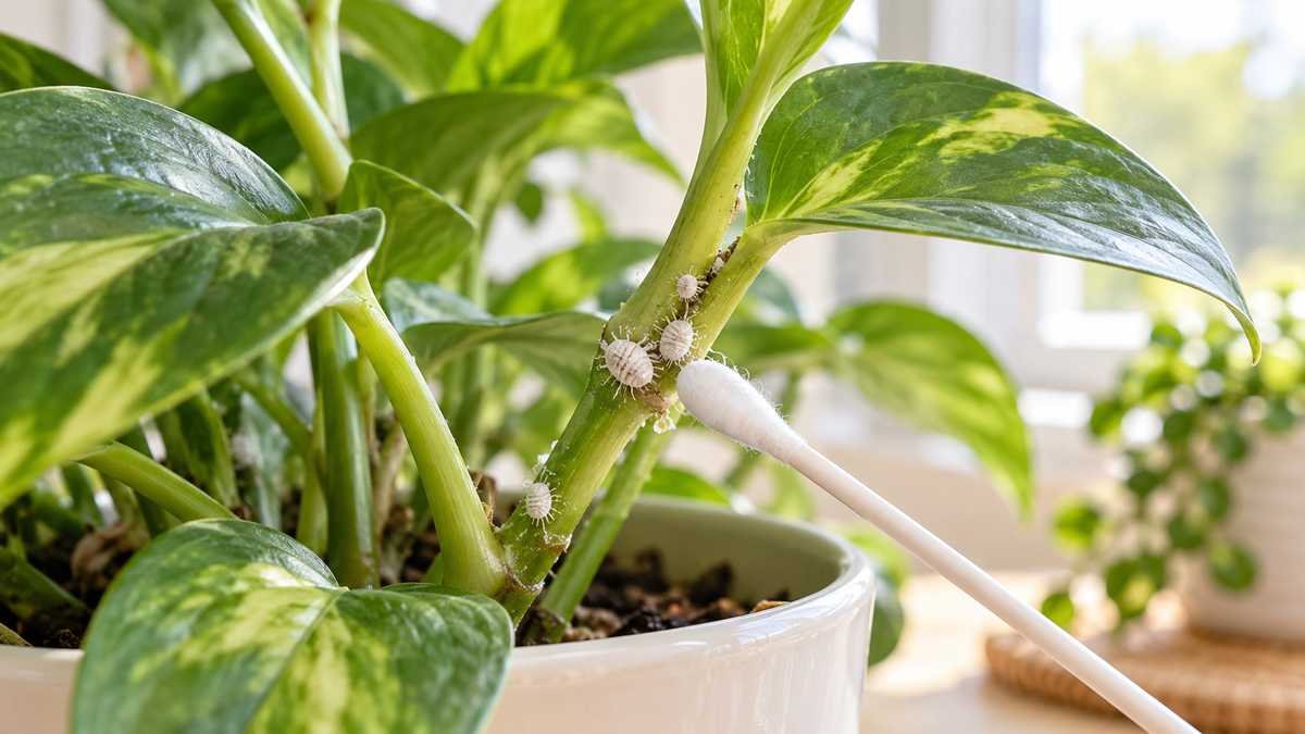 White mealybugs clustered at a pothos stem joint beside a cotton swab