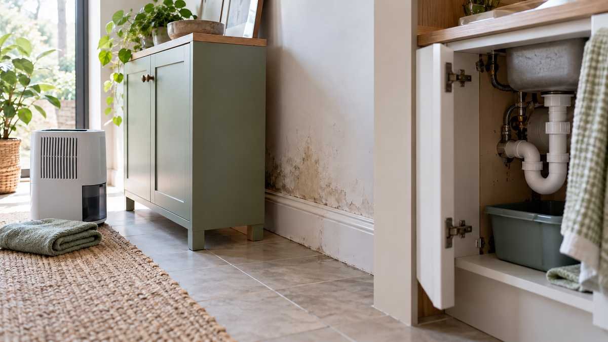 Open cabinets and a damp wall revealing hidden sources of a musty smell