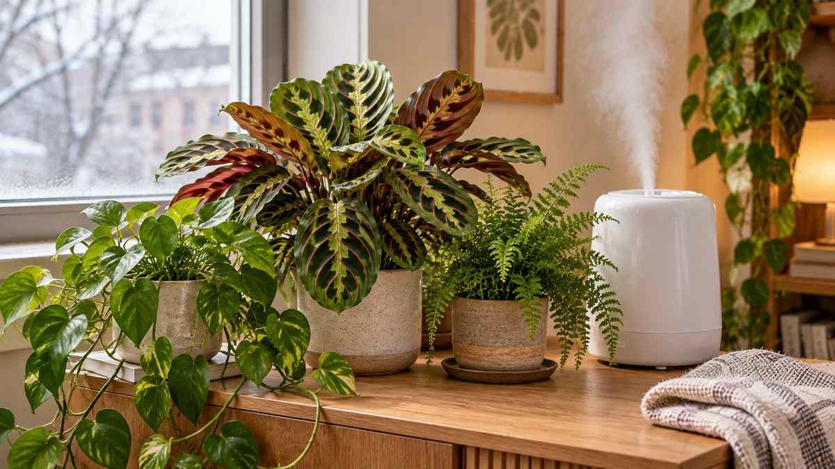 Prayer plant, pothos and fern grouped beside a tabletop humidifier near a winter window