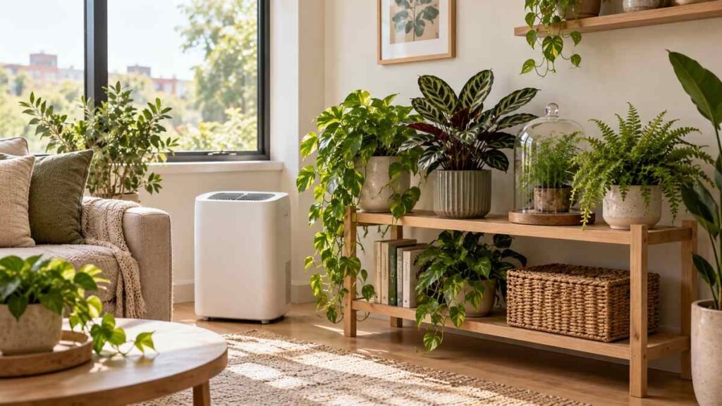 Healthy houseplants grouped beside a portable dehumidifier in a bright living room