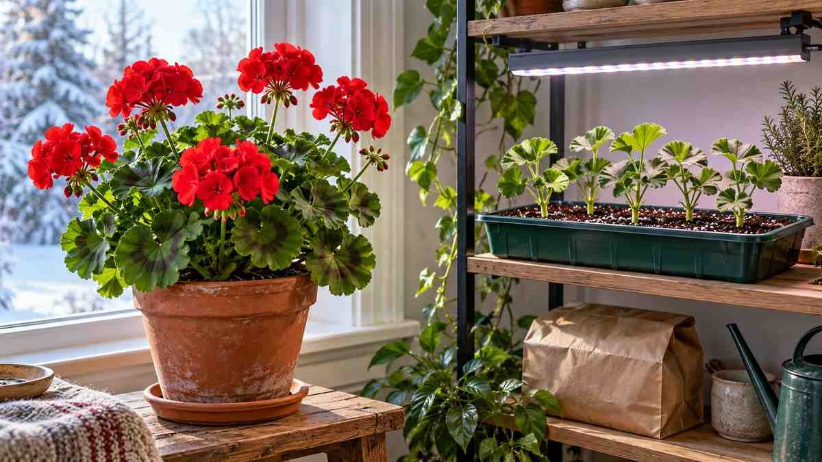 Geranium plant and rooted cuttings overwintering indoors beside a grow light