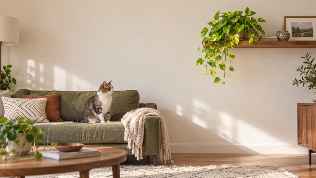 Golden pothos kept on a high wall shelf away from a cat resting on a sofa