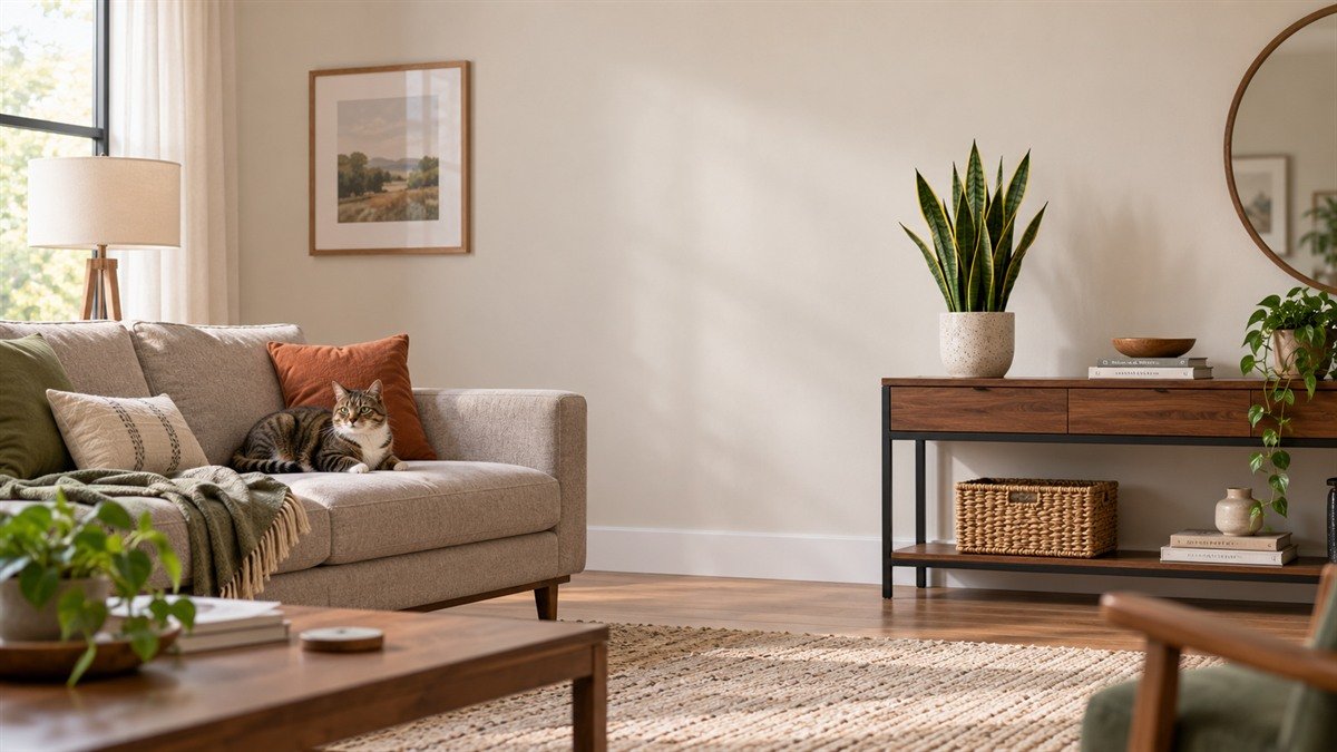 Snake plant on a console across the room from a cat resting on a sofa