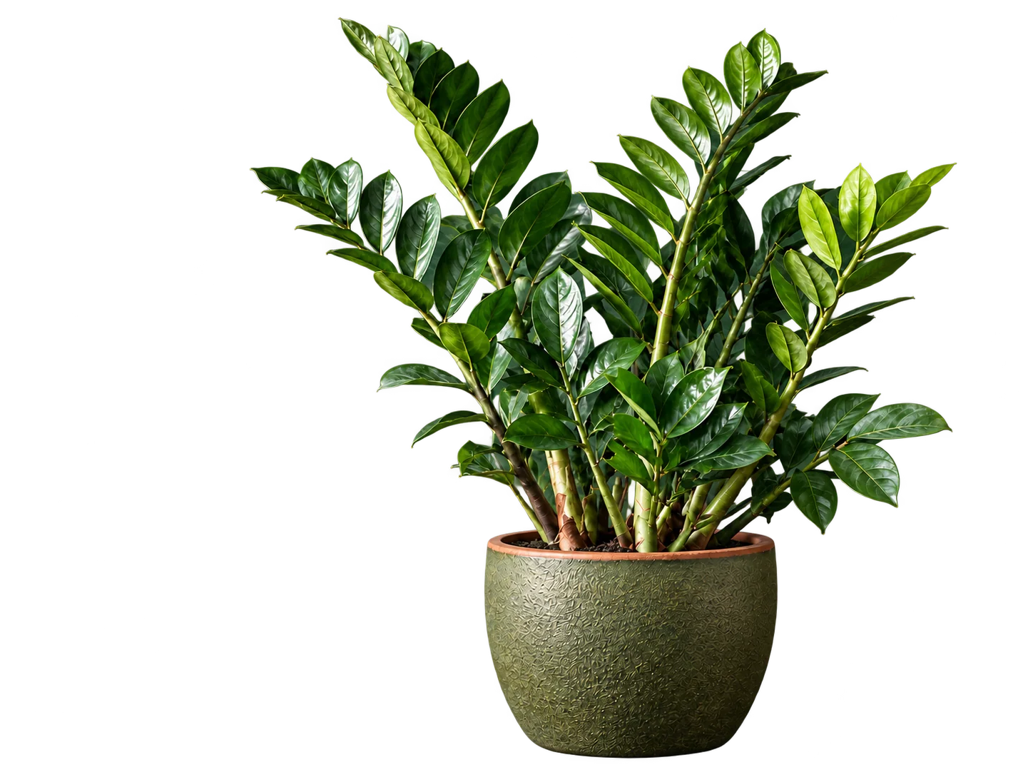 A healthy ZZ plant in a textured moss green pot