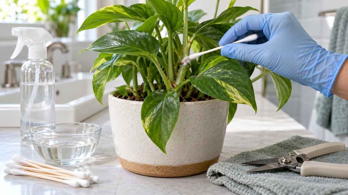 Treating mealybugs on an isolated pothos with a cotton swab