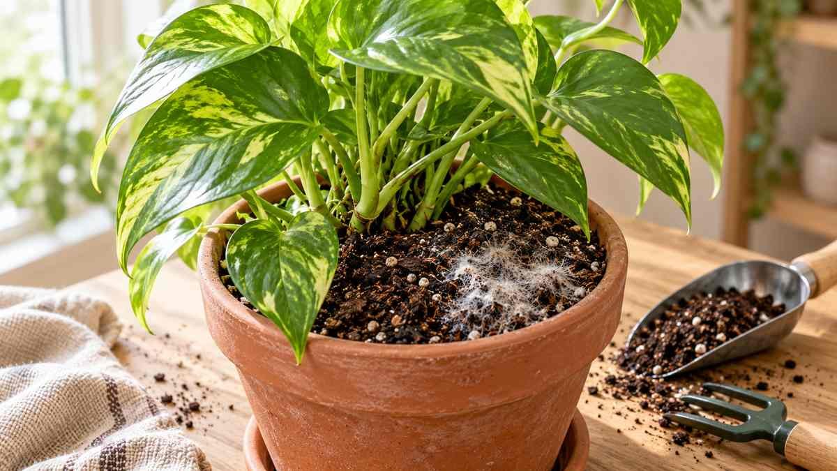 White fuzzy surface mold on damp potting soil around a healthy pothos in a terracotta pot