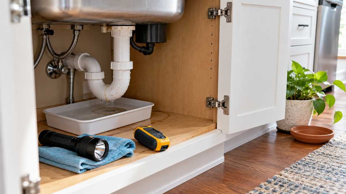 Checking a dripping sink pipe and damp cabinet with a flashlight and moisture meter