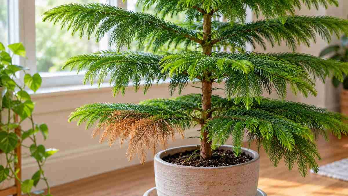 Norfolk Island pine with one brown lower branch and healthy green upper branches