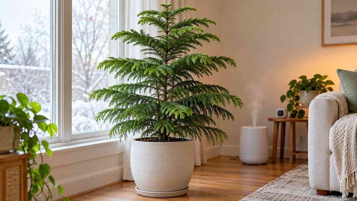 Healthy Norfolk Island pine beside a bright winter window with a humidifier nearby