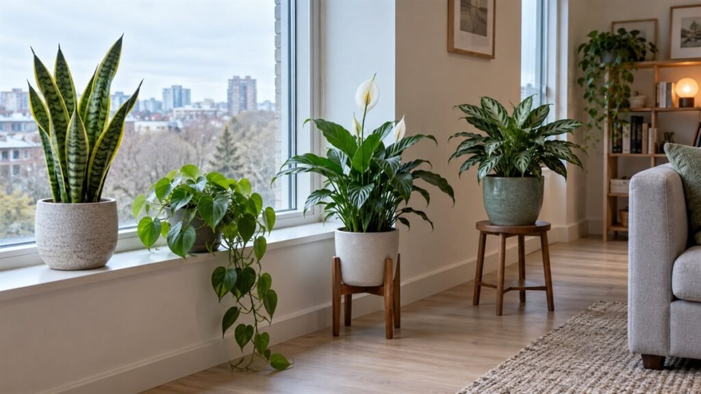 Low-light houseplants arranged at varying distances from a north-facing window