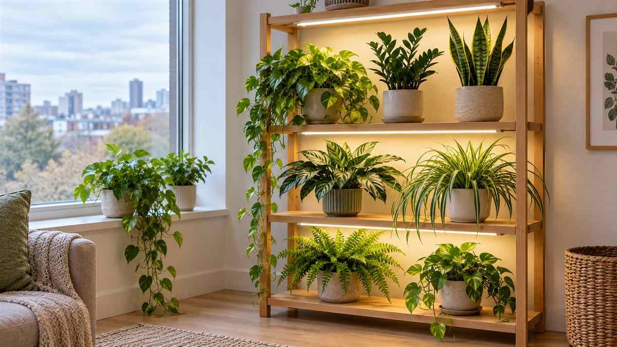 Three-tier wooden plant shelf with low-light houseplants and under-shelf grow lights beside a window
