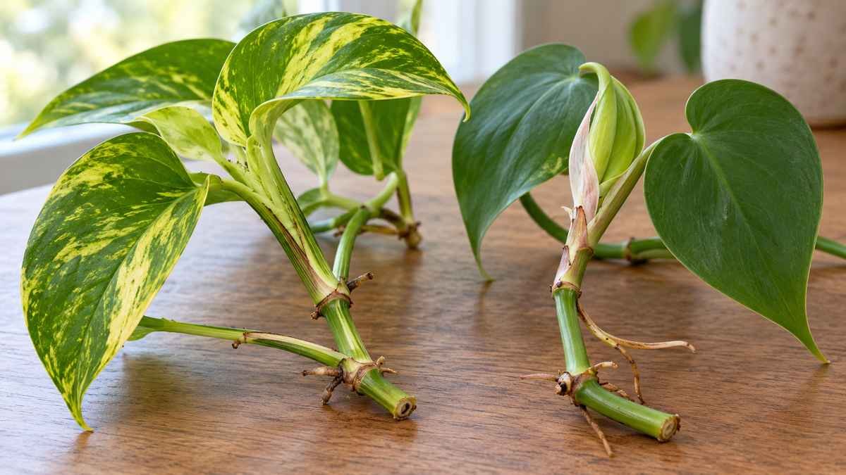 Golden pothos and heartleaf philodendron cuttings showing different leaves and new growth
