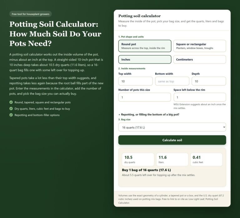 Potting soil calculator showing quarts, liters and bags of mix for a 10-inch pot