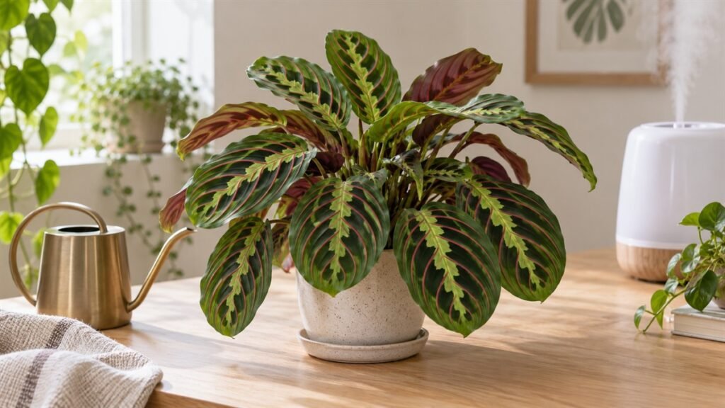 Healthy prayer plant in bright indirect light beside a watering can and humidifier