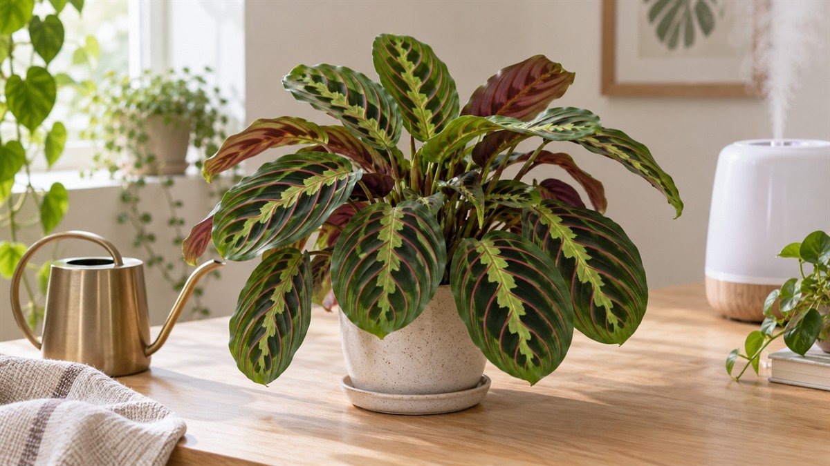Healthy prayer plant in bright indirect light beside a watering can and humidifier