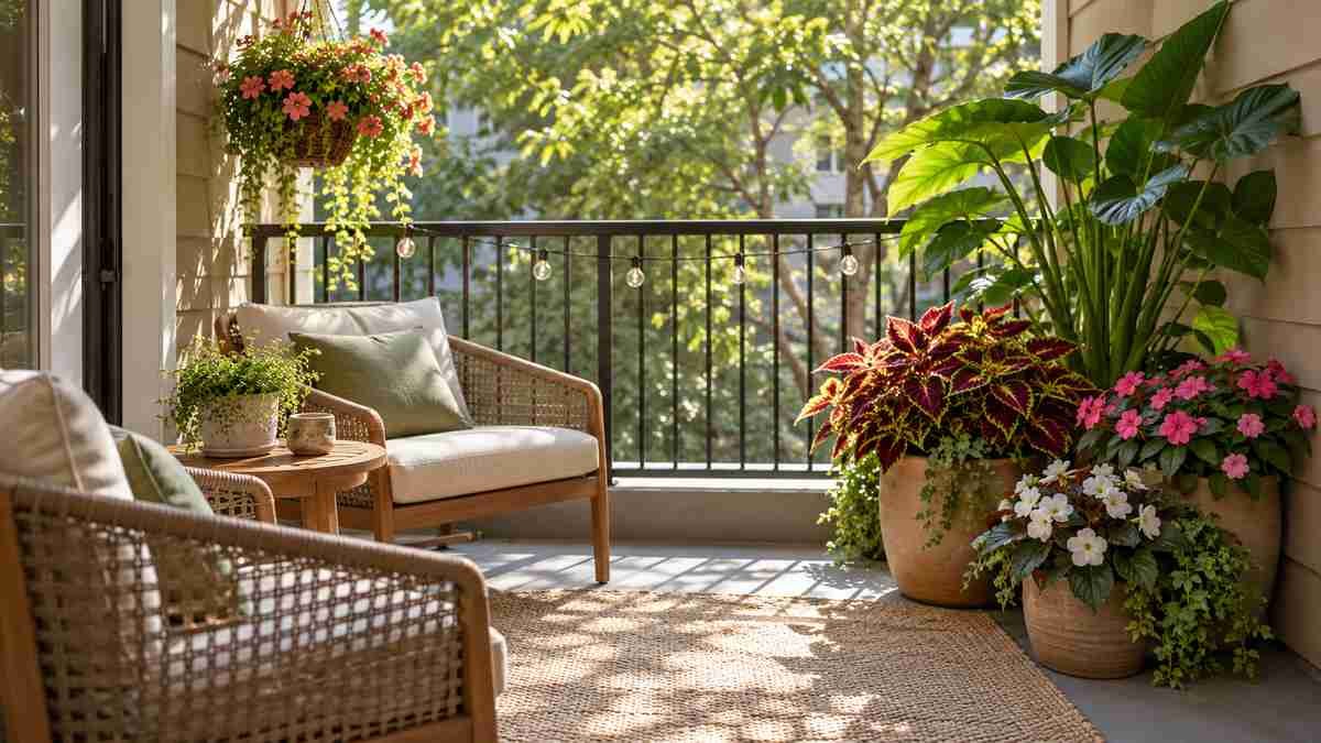 Small shaded patio with compact seating, string lights and large planted containers