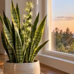 Mature snake plant with a tall greenish-white flower spike indoors