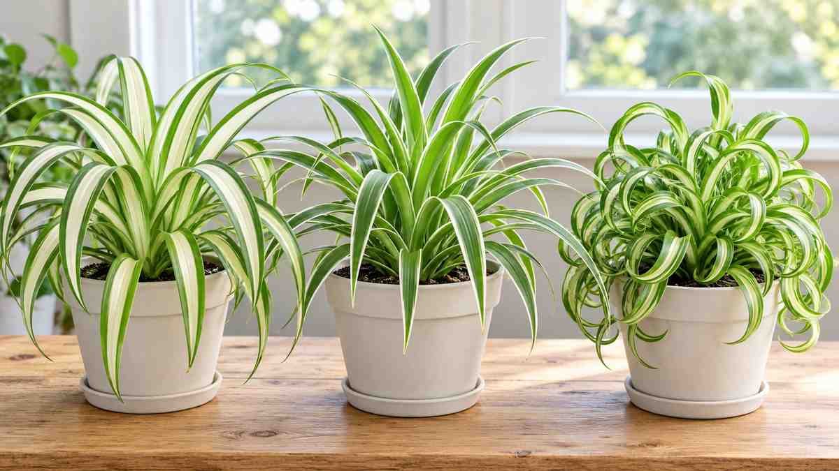 Three spider plant varieties with center-striped, edge-striped and curly leaves