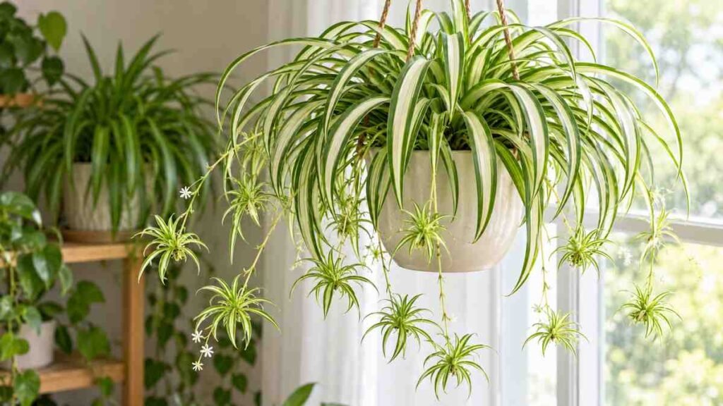 Mature center-striped spider plant with cascading plantlets near a bright window
