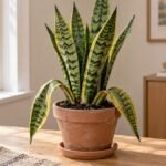 Snake plant with two drooping leaves in a terracotta pot near a bright window