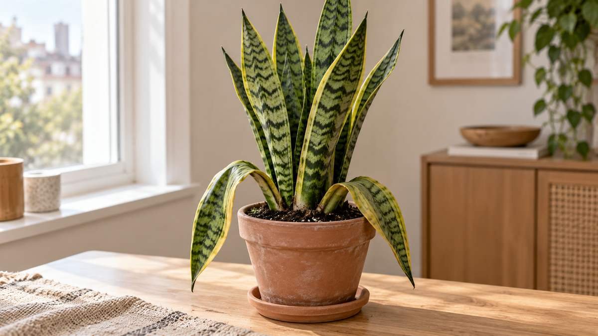 Snake plant with two drooping leaves in a terracotta pot near a bright window